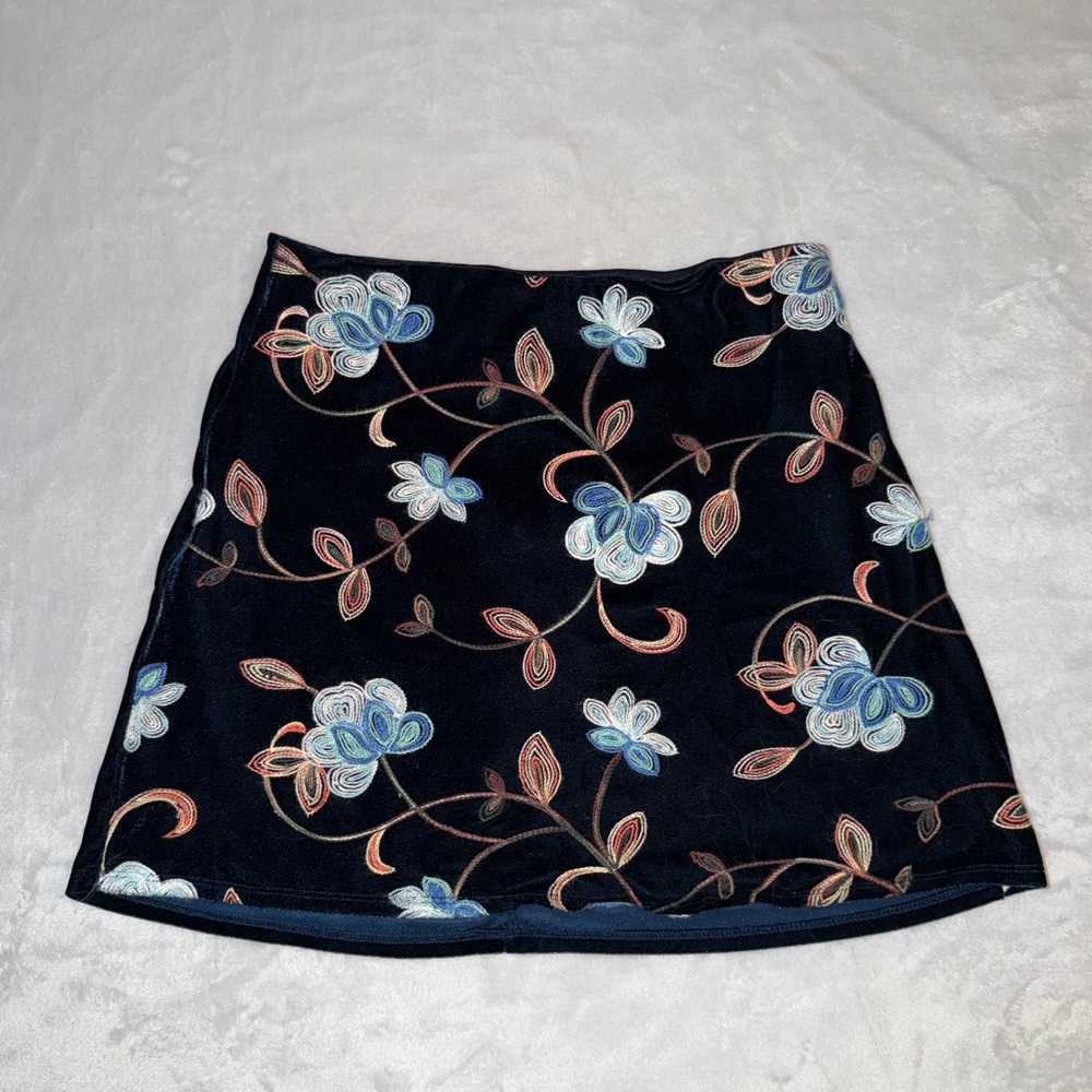 Navy Blue Floral Embroidered Mini Skirt Women Medium